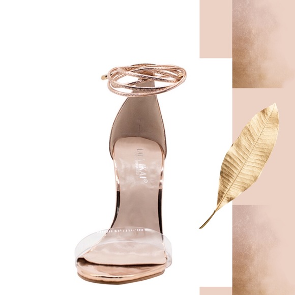 Ankle Strap Clear Peep Toe Gold Heel Pump Sandal - Picture 6 of 8